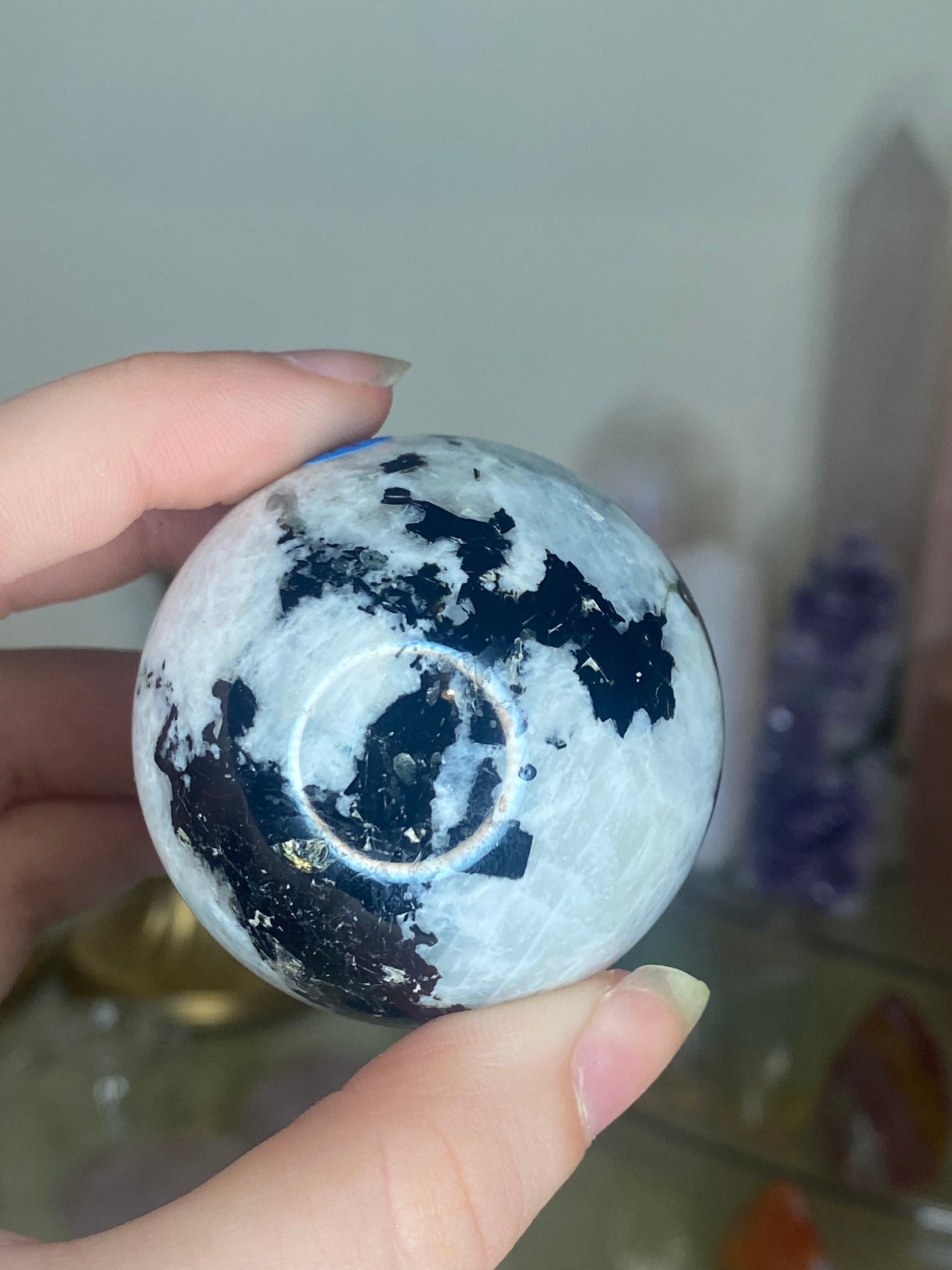 Rainbow moonstone sphere and stand