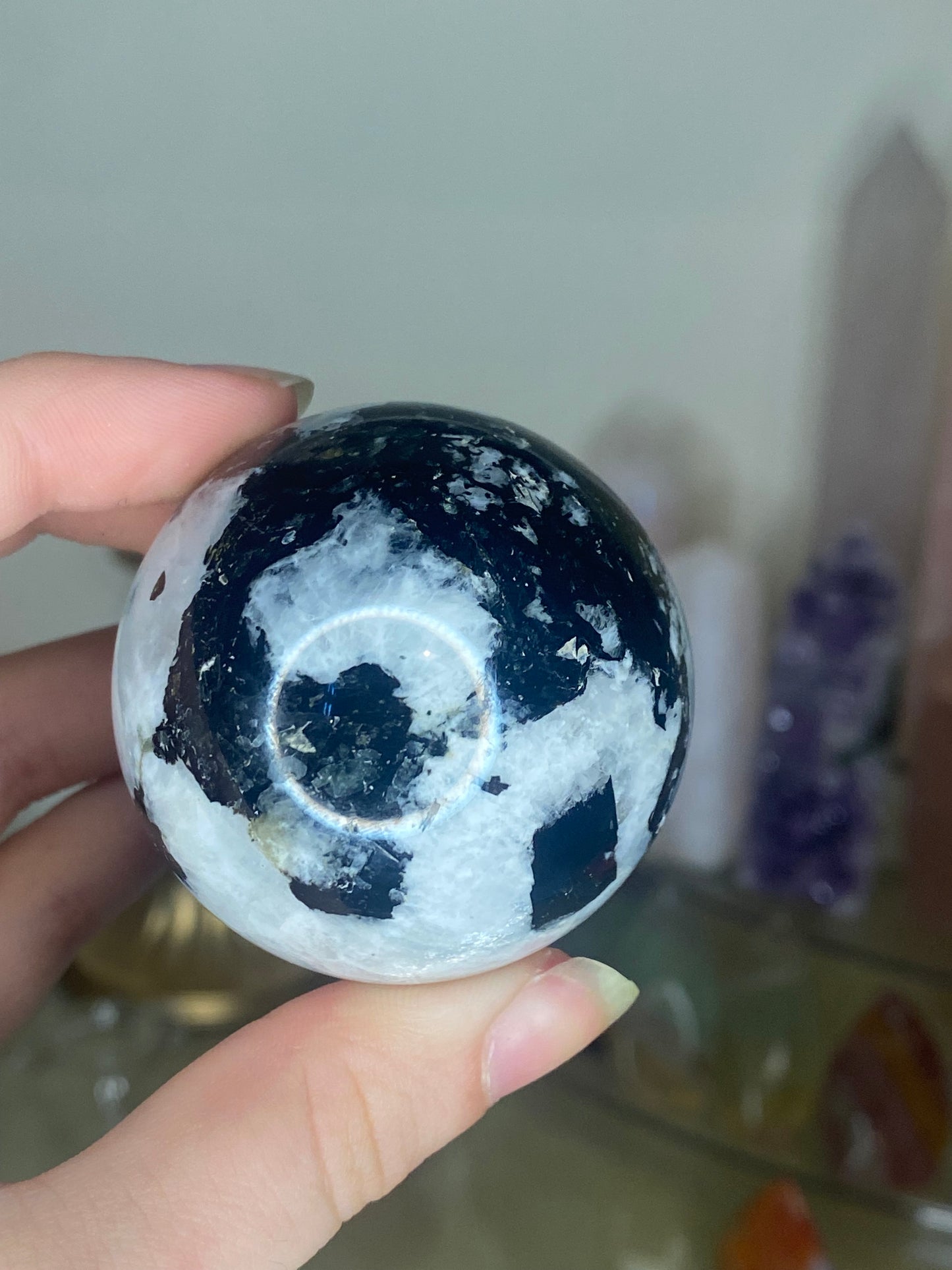 Rainbow moonstone sphere and stand