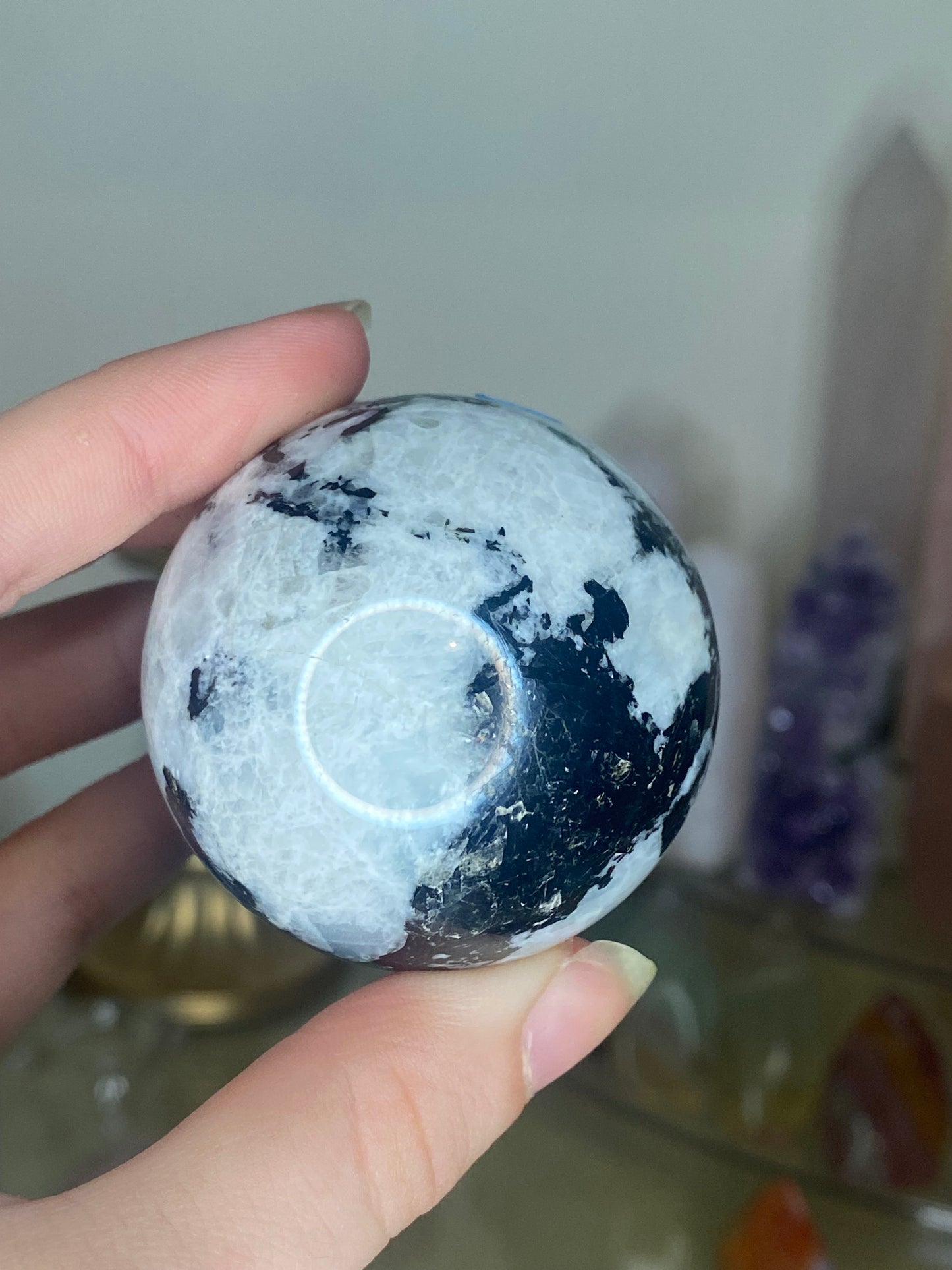 Rainbow moonstone sphere and stand