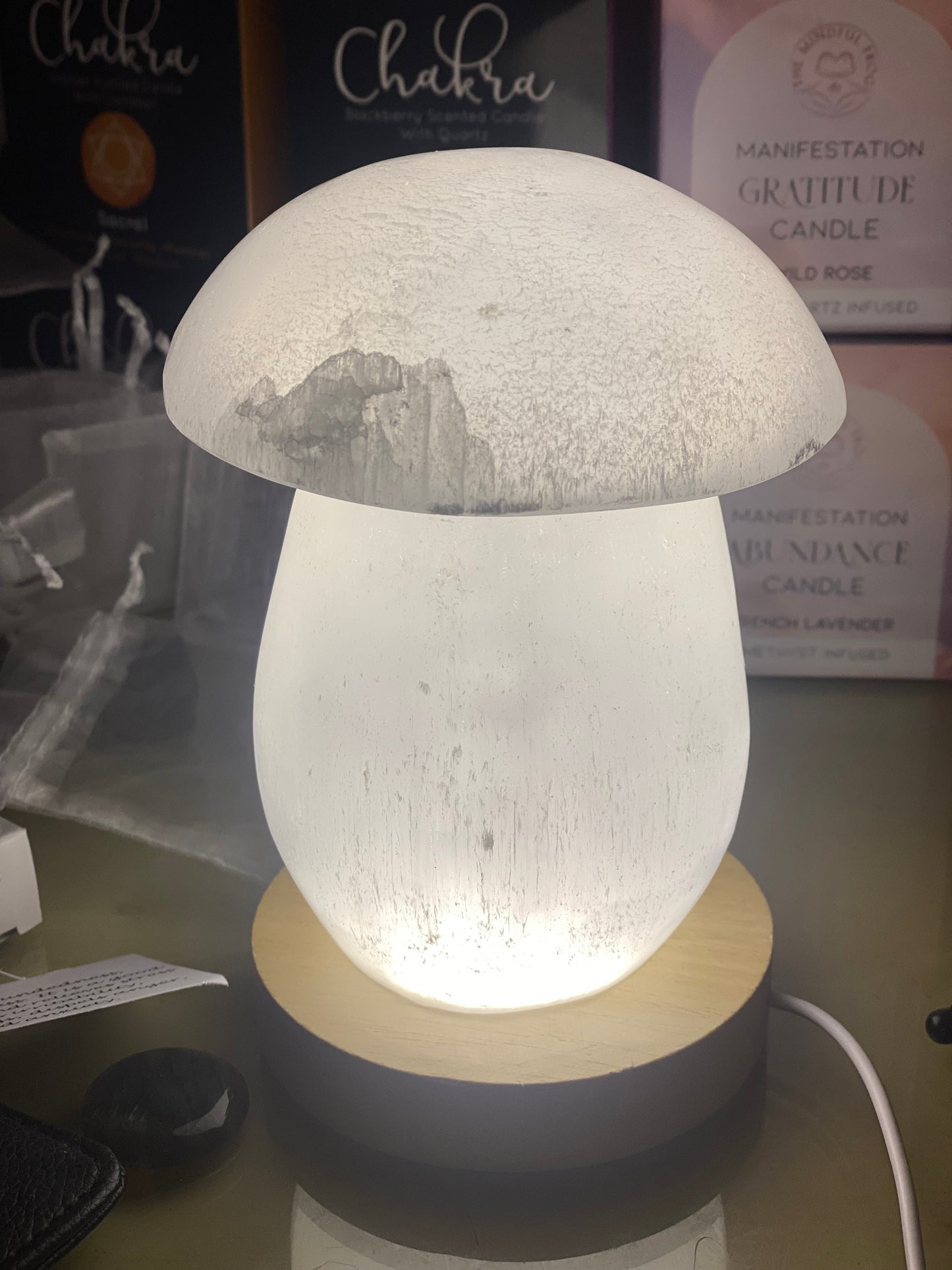 XL selenite mushroom with light stand