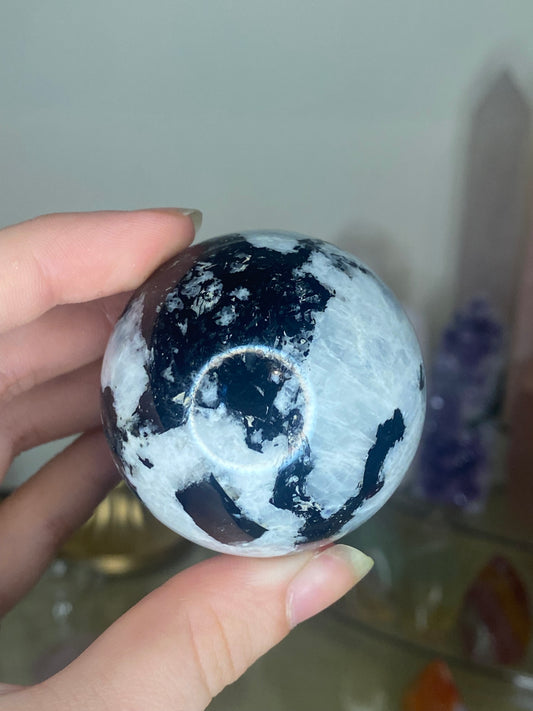 Rainbow moonstone sphere and stand