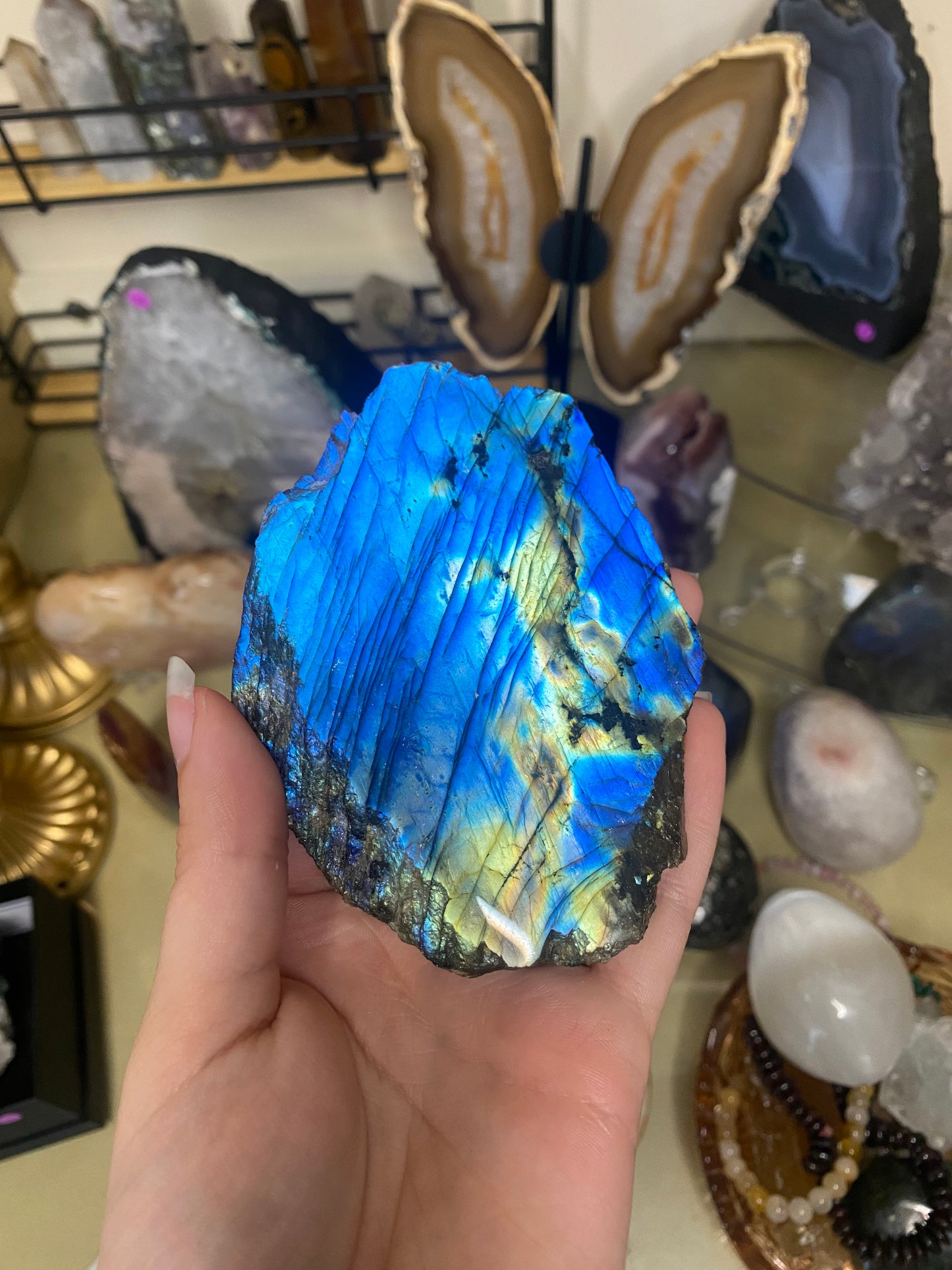 Labradorite slab and stand