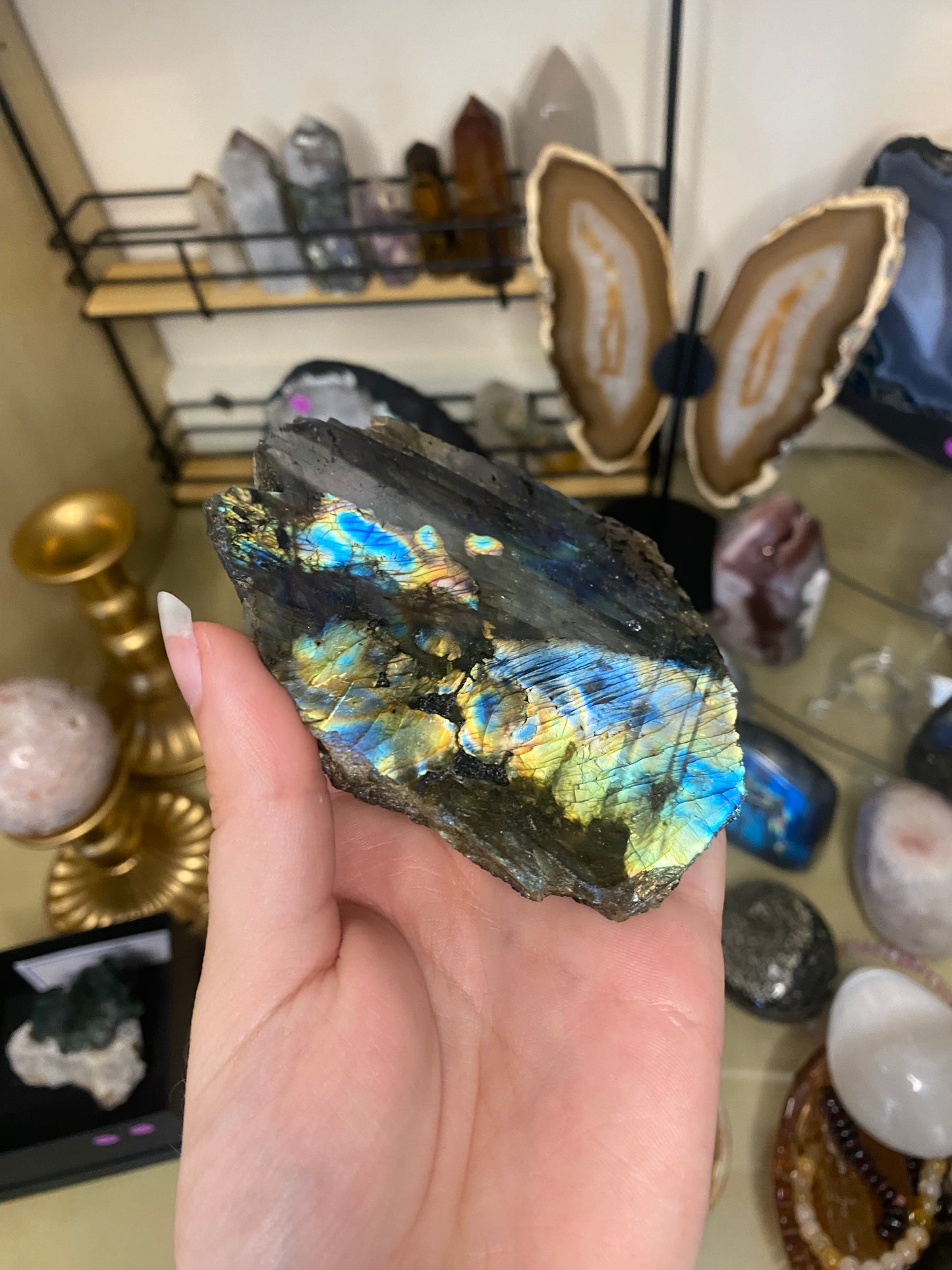 Labradorite slab and stand