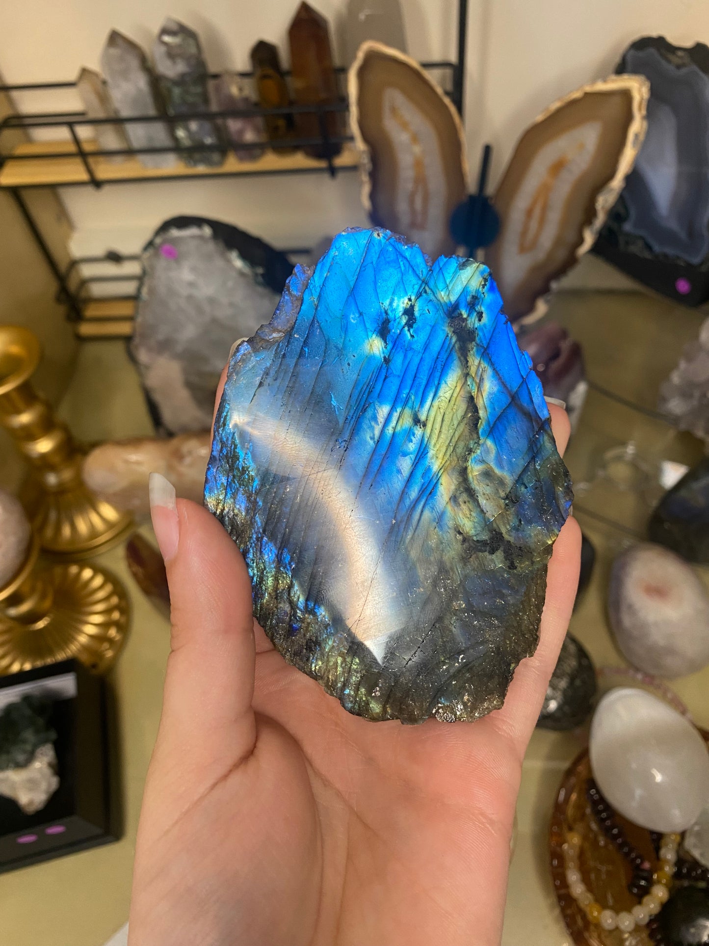 Labradorite slab and stand